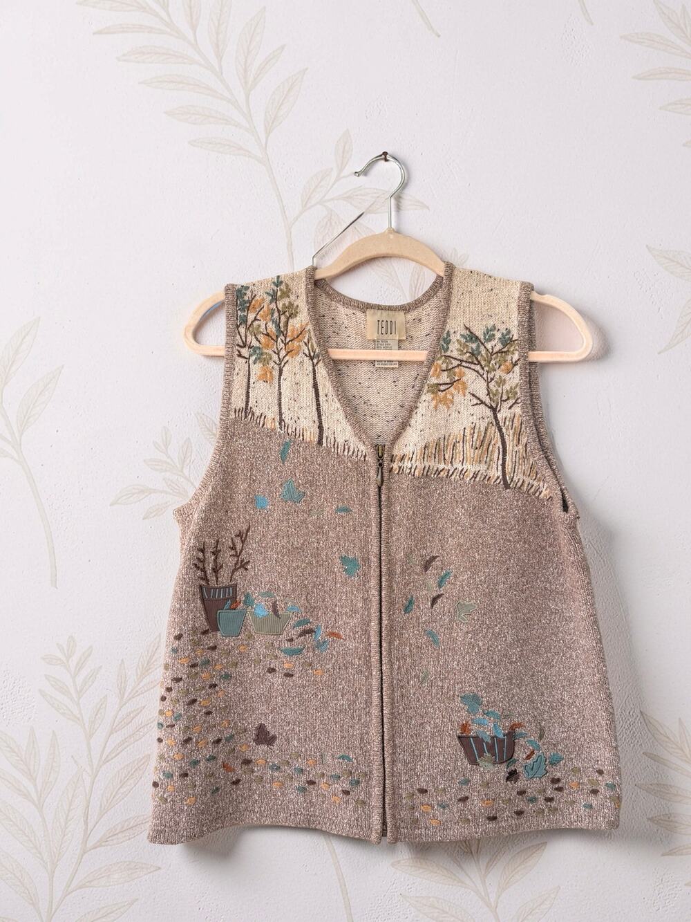 Vintage Teddi Sweater Vest Small Cottagecore Woodland Embroidered Zip Fall 90s